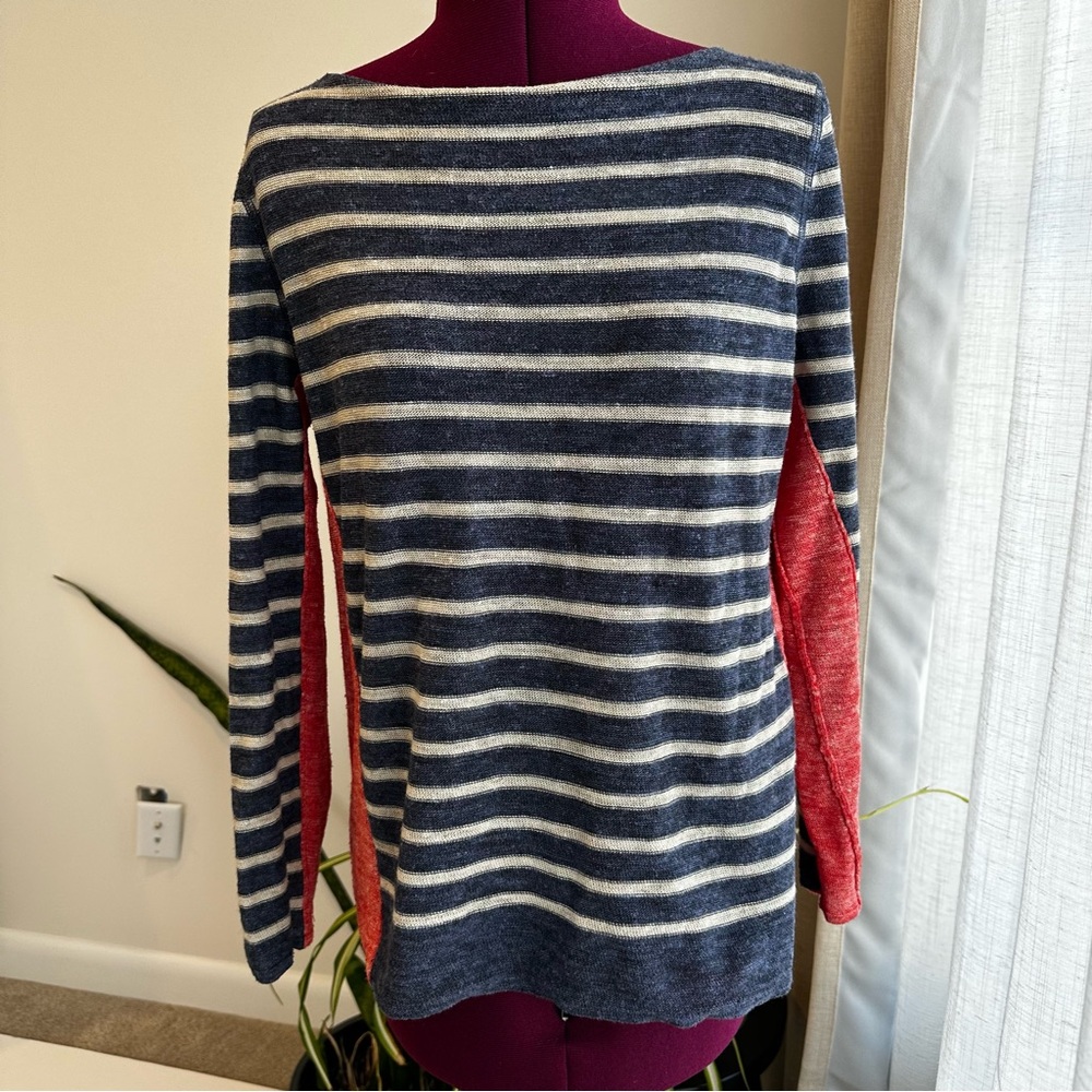 Tory Burch Striped boat neck Navy and coral Women's linen lightweight sweater